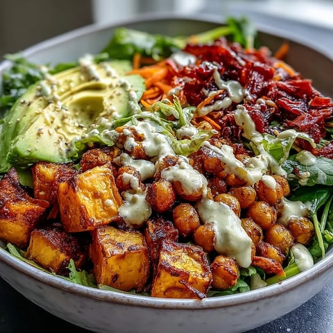 Freshly roasted sweet potatoes and crispy chickpeas sit atop a bed of greens in this vibrant Breakfast Buddha Bowl, drizzled with creamy tahini dressing.