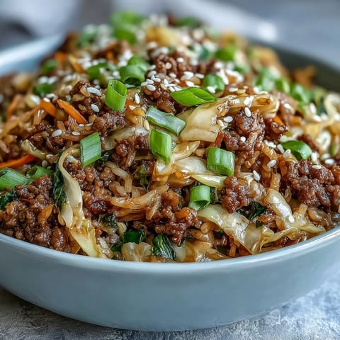Golden-brown ground pork sautéed with ginger, garlic, and onions in a skillet for Egg Roll in a Bowl.