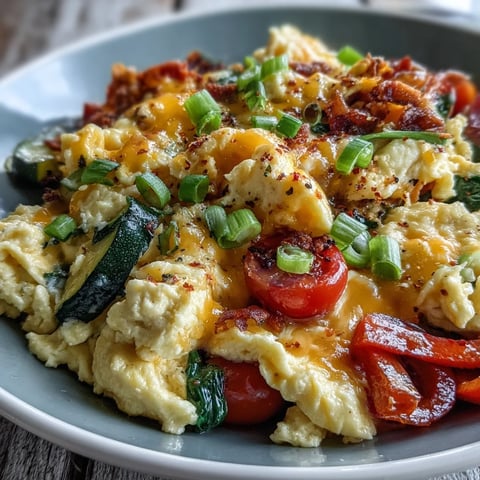 Fluffy scrambled eggs with melted cheddar and sautéed vegetables in a bright breakfast bowl.