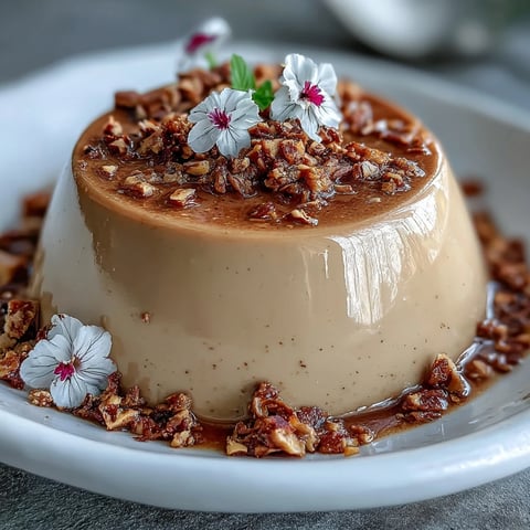 Creamy Hojicha Panna Cotta with a silky texture, topped with shaved chocolate and edible flowers for an elegant dessert.