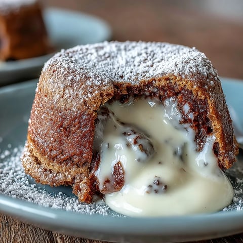 Freshly baked Hojicha White Chocolate Lava Cake releasing a rich, roasted tea aroma with a molten white chocolate center on a white plate.