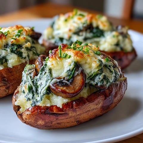 Golden roasted Creamy Mushroom and Spinach Stuffed Sweet Potatoes, freshly baked and topped with bubbly melted cheese.