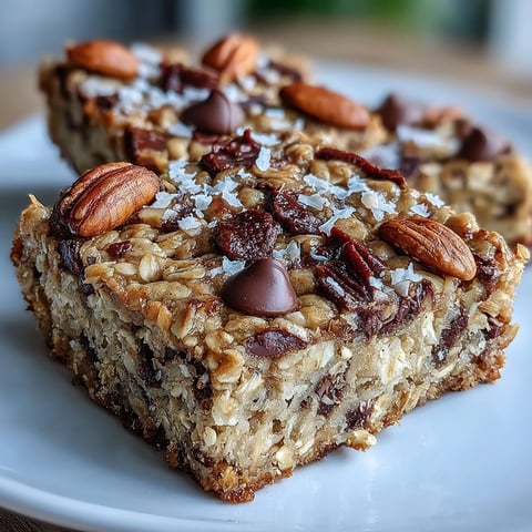 Freshly baked Baked Oatmeal Bars with melted chocolate chips and toasted banana slices cooling on a wire rack.