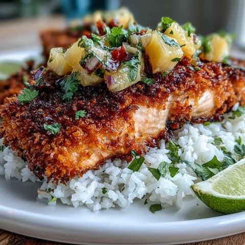 Golden-brown coconut crusted salmon fillet topped with fresh pineapple salsa, served with lime wedges for a tropical main dish.