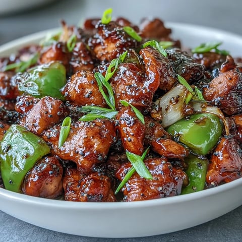 Golden-brown Black Pepper Chicken with vibrant green peppers and onions glistening in a savory sauce.