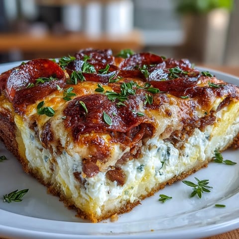 Golden-brown High-Protein Pizza Breakfast Casserole slice served warm on a plate with a side of fresh fruit.