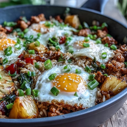 Steam rises from a skillet of Sweet-and-Sour Turkey Rice with pineapple and peppers.
