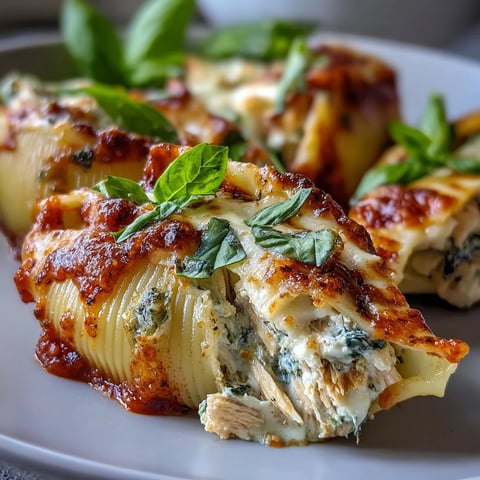 Golden-brown, bubbly mozzarella tops a 9x13-inch dish of Pesto Chicken Stuffed Shells Lite, nestled in vibrant marinara sauce and garnished with fresh basil leaves.