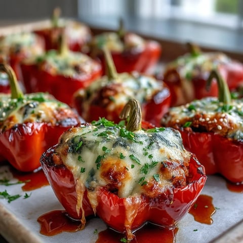 Freshly baked Korean-Style Turkey Stuffed Sweet Peppers with melted mozzarella on a rustic wooden table.