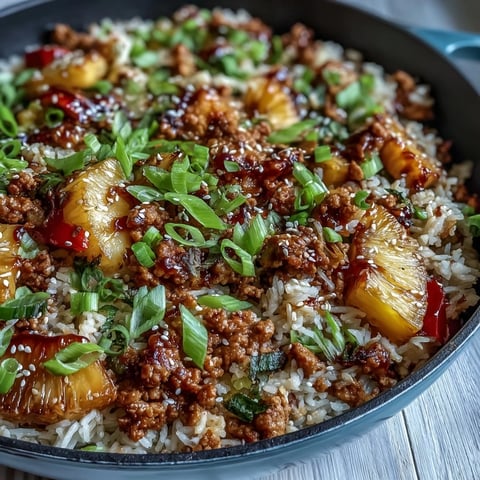 Fragrant Sweet-and-Sour Turkey Rice Skillet with juicy pineapple chunks and colorful bell peppers steaming in a rustic pan.