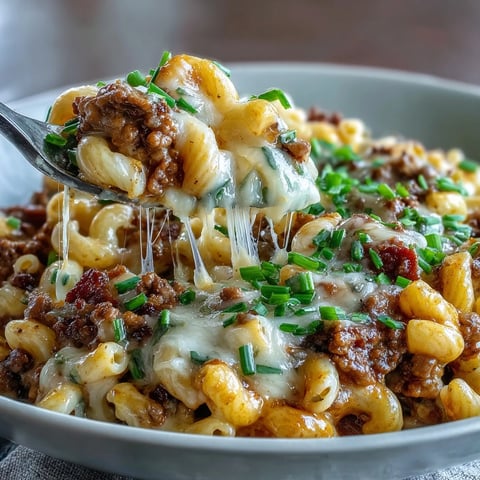 A steaming skillet of One-Pan Cheeseburger Chili Mac topped with chopped pickles and fresh chives.