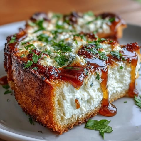 Golden-baked Hot Honey Ricotta Garlic Bread on a rustic board, showing creamy ricotta spread and red pepper flecks.