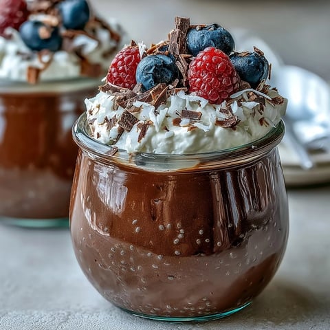 Vegan Chocolate Chia Pudding Parfaits layered high in a glass with dark pudding, fluffy coconut whip, and fresh raspberries.