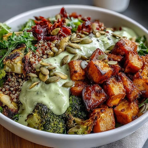 Vibrant vegan Buddha bowl with roasted sweet potatoes, broccoli, and creamy green goddess avocado dressing.  