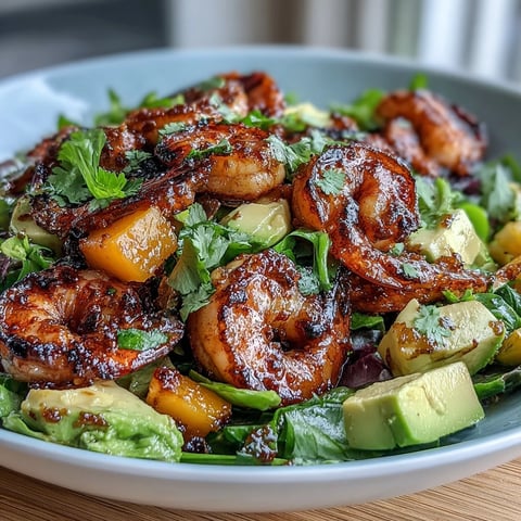 Grilled shrimp and mango avocado salad with chili-lime vinaigrette in a vibrant bowl, topped with fresh cilantro and sliced red onion.  