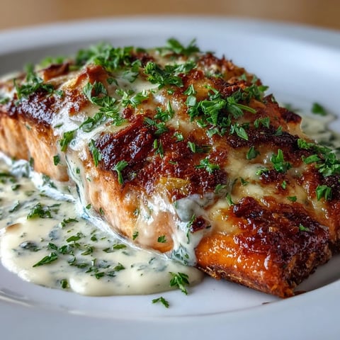 Creamy baked salmon with lemon butter sauce, topped with Parmesan and fresh parsley for a rich, elegant main dish.  