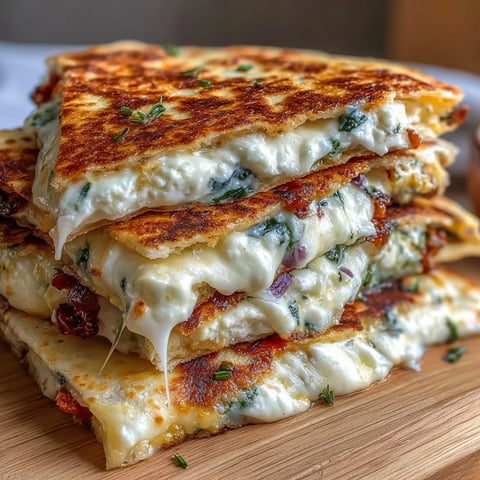 Golden Mediterranean quesadillas filled with creamy spinach, tangy feta, and melted mozzarella, served warm with fresh herbs.  
