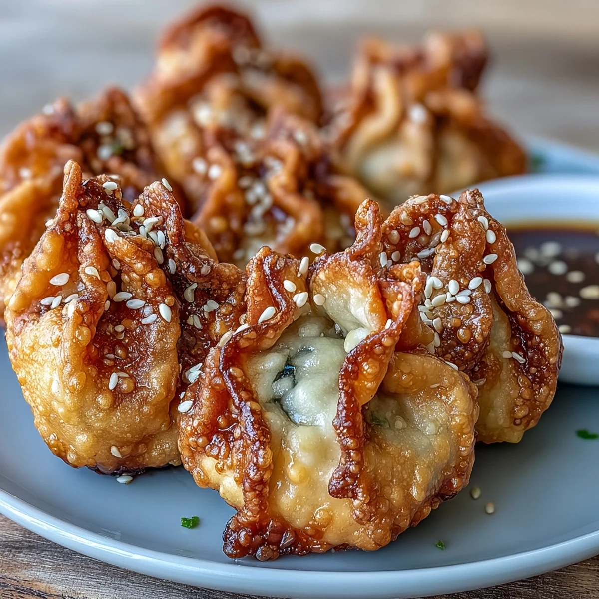 Golden crispy dumplings filled with savory pork and vegetables, air-fried to perfection and served with tangy soy ginger dipping sauce.  
