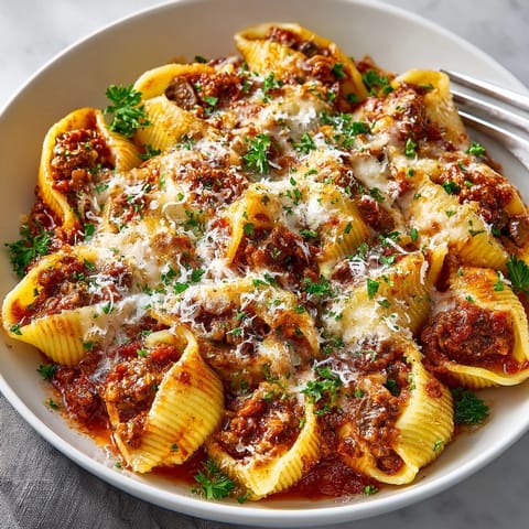 Freshly baked Melty Mushroom Stuffed Giant Shells served hot, oozing creamy cheese and savory filling.