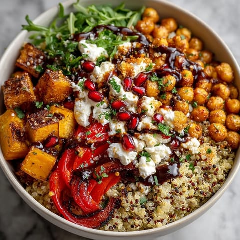 Colorful Winter Mediterranean Quinoa Bowl served in a ceramic dish, drizzled with creamy tahini-pomegranate dressing
