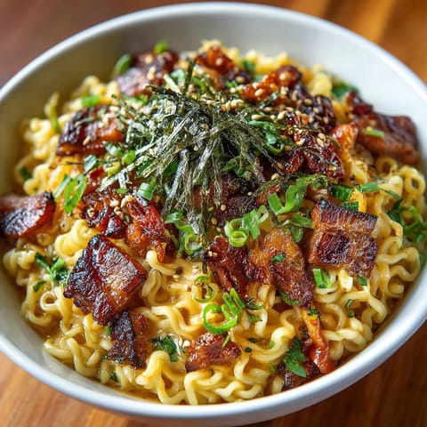 Creamy 15-Minute Japanese-Inspired Ramen Carbonara Bowl topped with toasted sesame seeds and nori strips.