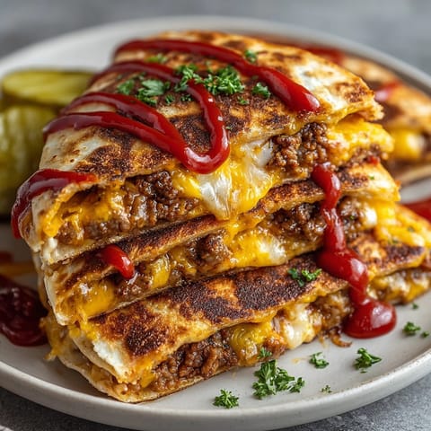 Golden Melty Mashup Cheeseburger Quesadillas with Autumn Herbs served hot, topped with pickles and drizzled mustard.