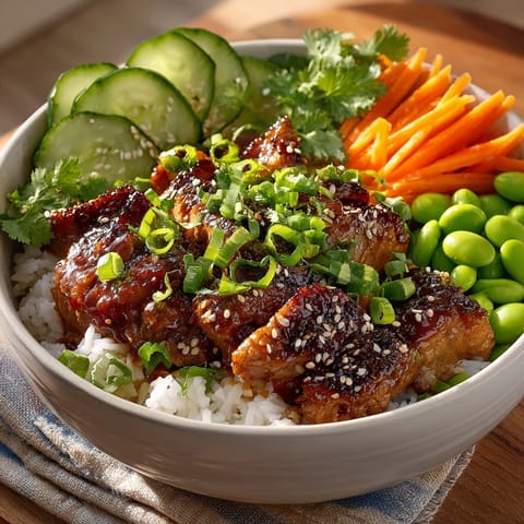 Asian Fusion Quick Lunch: Teriyaki Chicken Rice Bowls served hot with steaming rice and colorful fresh vegetables.