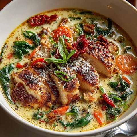 Steaming bowl of fragrant marry me chicken soup, topped with fresh herbs and ready to savor.
