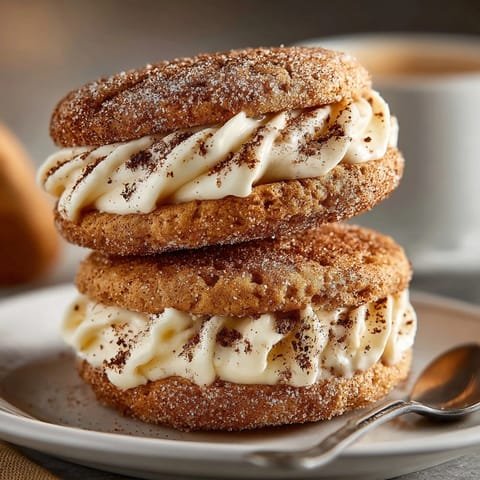 Image of Eggnog Snickerdoodle Sandwich Cookies, showing the perfect pairing of soft cookies with sweet frosting.