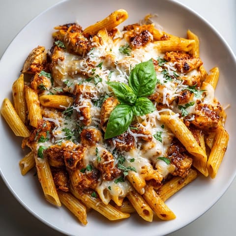 A close-up of steaming Budget-Friendly Chicken Parmesan Pasta, garnished with fresh green herbs.
