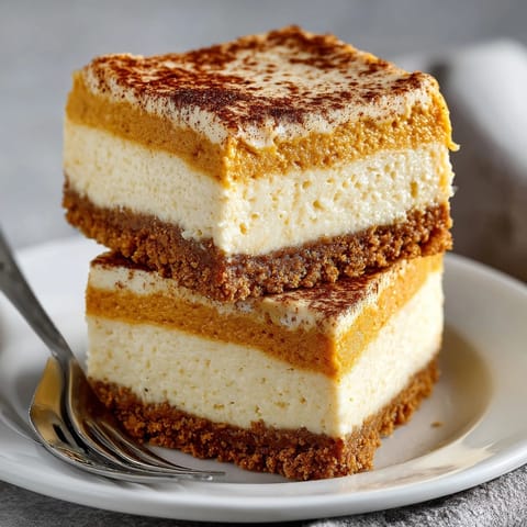 A close-up of delicious Pumpkin Cheesecake Bars shows a buttery crust and creamy layers.