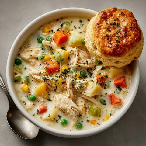 Chicken Pot Pie Soup with biscuits, rustic and inviting, featuring tender vegetables, chicken, and freshly baked biscuits.