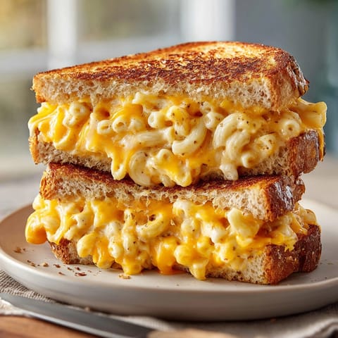 Closeup of Mac and Cheese Stuffed Grilled Cheese Sandwich oozing creamy pasta and cheddar on sourdough.