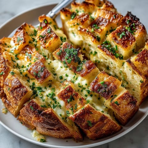 Crusty Stuffed Cheese Garlic Pull-Apart Bread, golden brown and loaded with melty mozzarella and herbs.