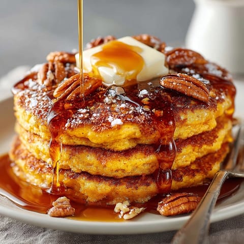 Warm and comforting Pumpkin Spice Pancakes served for breakfast, alongside butter and maple syrup.