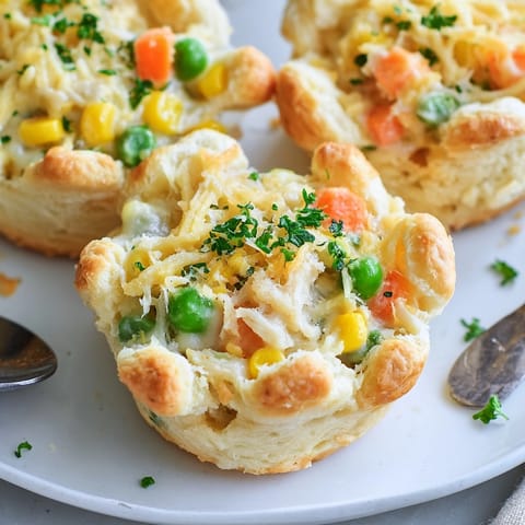 Close-up of bubbling Cheesy Garlic Chicken Pot Pie Muffins, ready to serve warm.