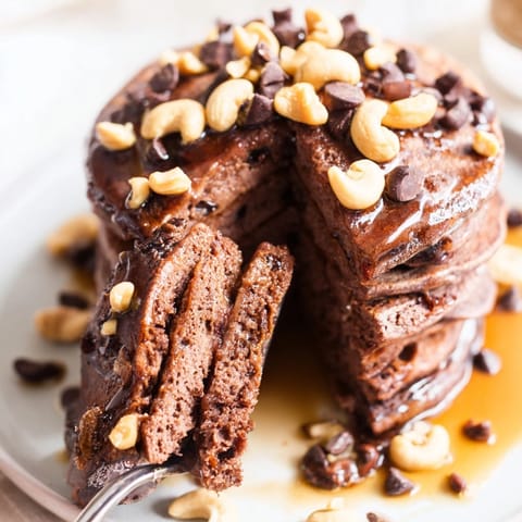 Golden Protein Chocolate Cashew Pancakes on a griddle; cashews, chocolate chips visible, cooking now.