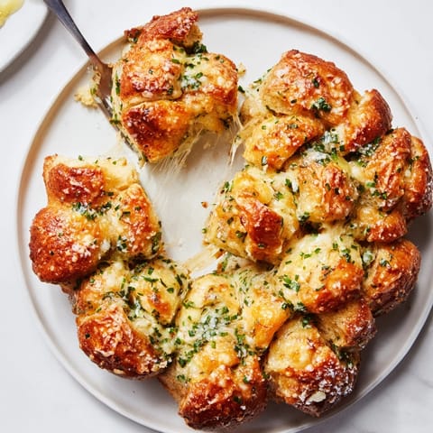 A warm, savory Garlic Parmesan Monkey Bread fresh from the oven and sliced open.