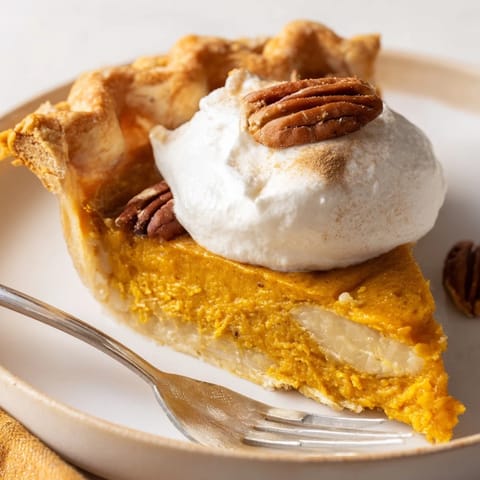 Slice of Thanksgiving Sweet Potato Miso Pie showcasing its rich, spiced filling.  
