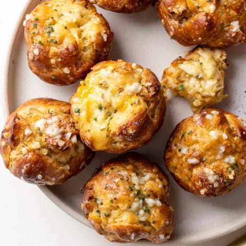 Golden-brown Cheesy Pretzel Chili Garlic Biscuit Muffin Balls topped with sea salt and melted butter.  