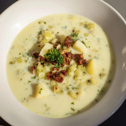 Creamy Potato, Leek & Chorizo Soup: a hearty, gluten-free meal perfect for a chilly evening.
