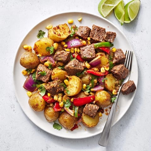 Golden, crispy potatoes are visible within the delicious Southwest Steak & Potato Skillet recipe.