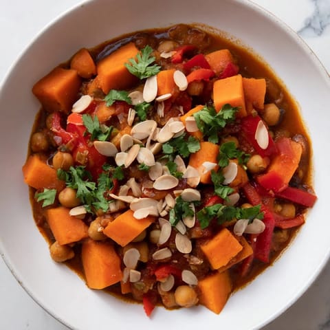 Close-up of a vibrant Moroccan Chickpea & Sweet Potato Tagine, showcasing tender sweet potatoes and chickpeas.