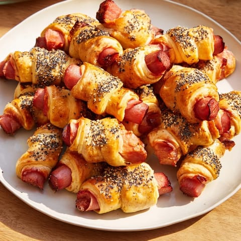 Flaky dough wraps mini sausages in this easy Everything Bagel Pigs in a Blanket appetizer.