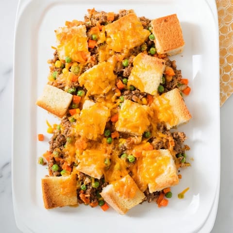 A hot, cheesy 5-Ingredient Sloppy Joe Casserole, savory beef with visible veggies and melted cheddar.