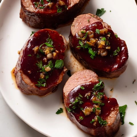 Savory and tender Tart Cherry Date Glazed Pork Tenderloin, ready to serve with a vibrant parsley garnish.