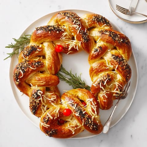 Freshly baked Budget Holiday Pretzel Wreath with rosemary and berries, perfect for a cozy gathering.