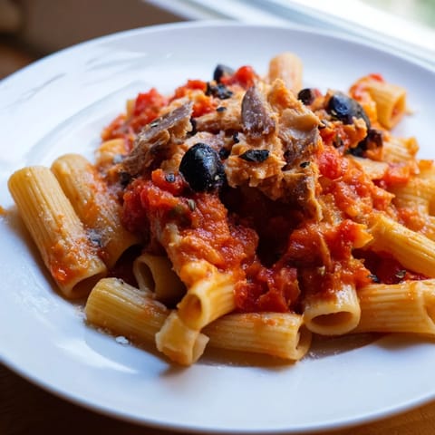 A close-up of Puttanesca Ditalini: small pasta in a rich, red sauce with glistening olives and herbs.