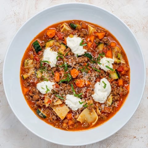 A close-up of a hearty bowl of Healthy Lasagna Soup, garnished with fresh herbs and cheese.