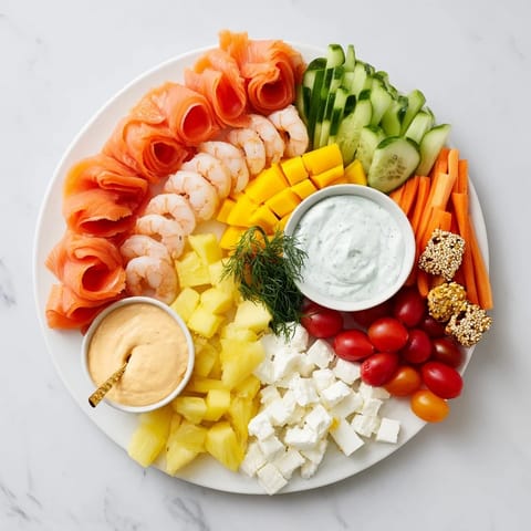 Wave Rider Surfer Snack Board featuring colorful fruits, seafood, and dips, ready to enjoy with friends.